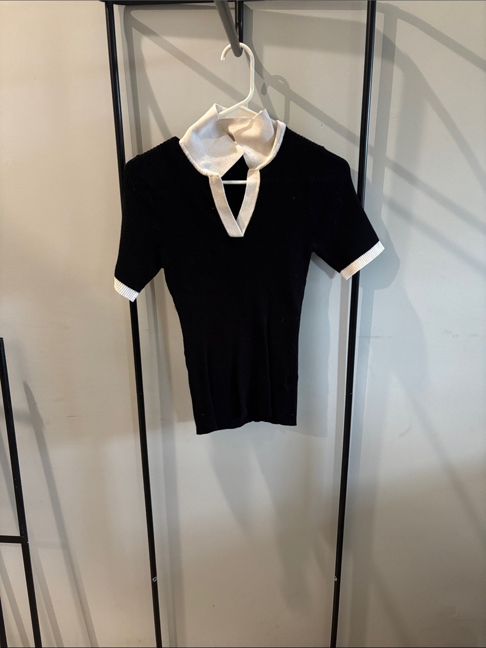 Black Knit Top with White Collar and Trim - Women's